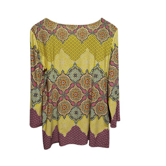 Sunny Leigh Womens Yellow  Printed Tunic Top Size M Stretch Morrocan 3/4 Slv Bar - Picture 2 of 7